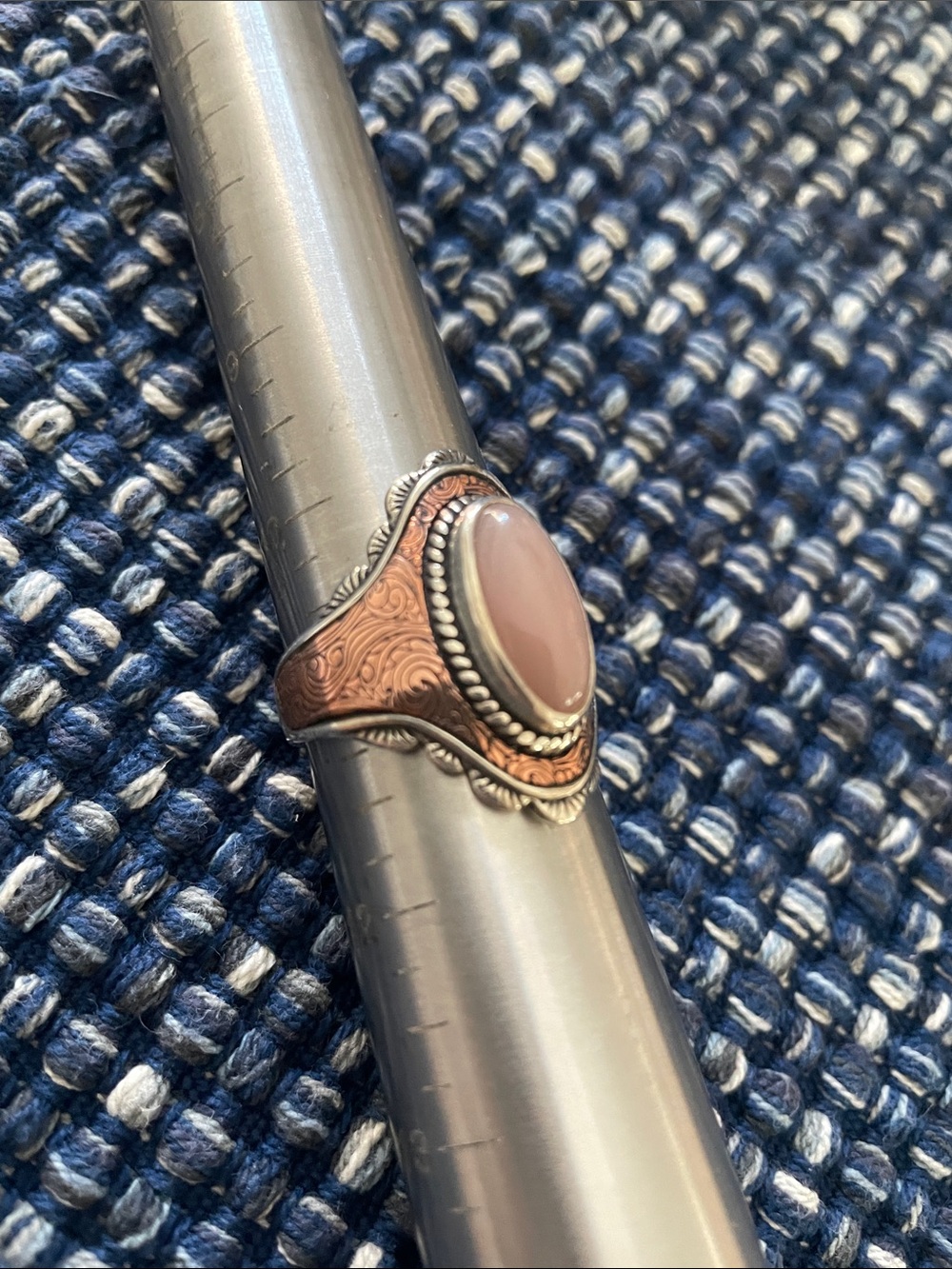 Carolyn Pollack peach moonstone . Etched copper. Sterling ring. Size 11